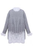 Oasap Grey High-low Sweater White Crochet Lace Dress Matching Sets