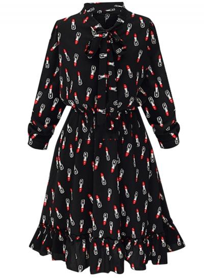 Oasap Women's Graphic Elastic Waist Ruffled Tie Dress