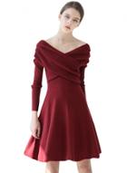 Oasap Women's Solid Color Faux Wrap Ribbed Knit A-line Dress