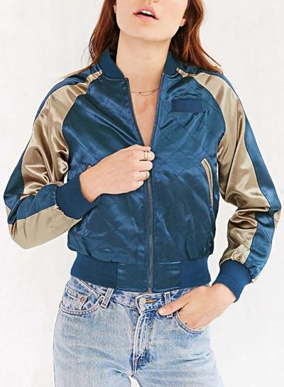 Oasap Women's Contrast Block Casual Stand Collar Jacket