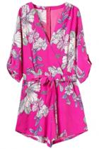 Oasap Hot Pink Floral Print Elbow Sleeve Rompers