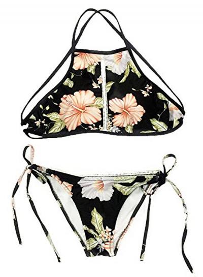 Oasap Halter Neck Sleeveless Floral Printed Bikini Swimwear
