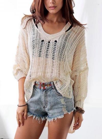 Oasap V Neck Long Sleeve Solid Pullover Sweaters
