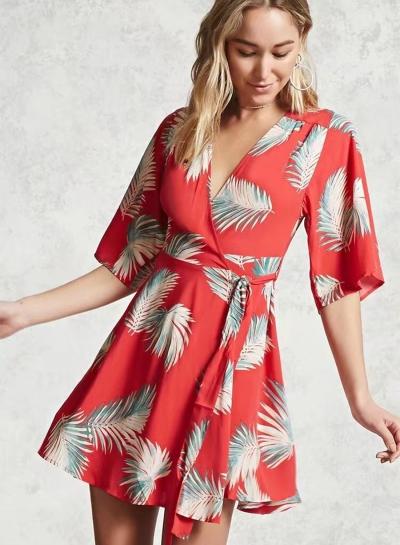 Oasap Wrap V Neck Short Sleeve Leaf Printed Mini Dress