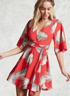 Oasap Wrap V Neck Short Sleeve Leaf Printed Mini Dress