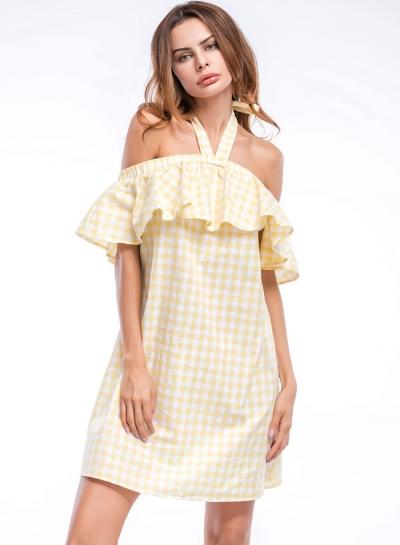 Oasap Halter Off Shoulder Backless Plaid Ruffles Mini Dress