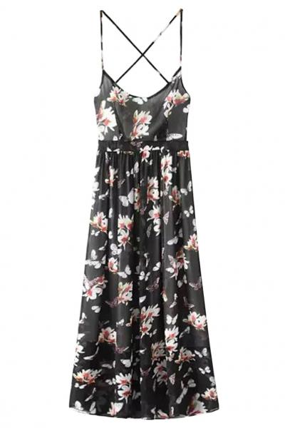 Oasap Goddess Floral Print Backless Midi Dress