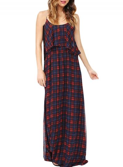 Oasap Women's Spaghetti Strap Open Back Plaid Chiffon Maxi Dress