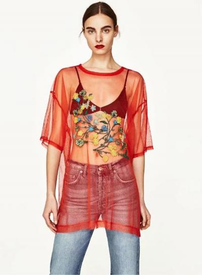 Oasap Floral Embroidery Sheer Loose Tee Shirt