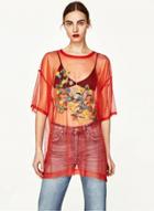 Oasap Floral Embroidery Sheer Loose Tee Shirt