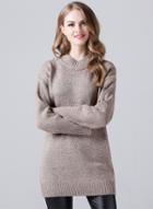 Oasap Round Neck Solid Longline Pullover Sweater