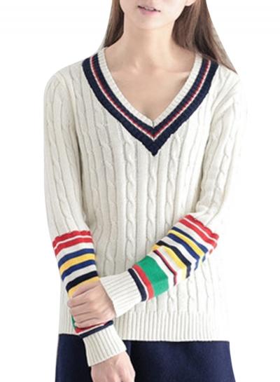Oasap Women's Ribbed Knit Color Block V Neck Sweater