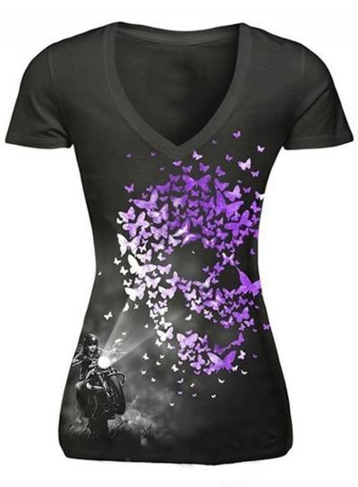 Oasap Hallowmas V Neck Skull Butterfly Short Sleeve Tee
