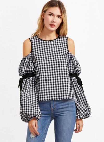 Oasap Fashion Off Shoulder Long Sleeve Plaid Blouse