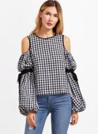 Oasap Fashion Off Shoulder Long Sleeve Plaid Blouse