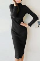 Oasap Elegant Black Mock Neck Ribbed Knit Body-con Dress
