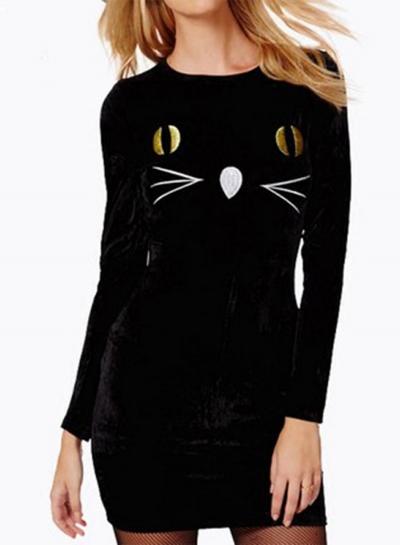 Oasap Women's Cat Embroidery Print Bodycon Dress