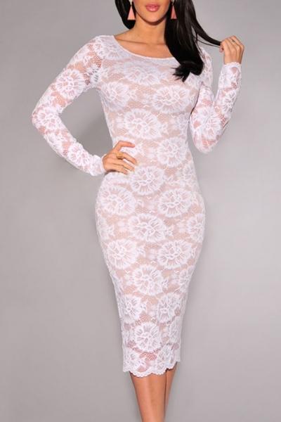 Oasap White Floral Lace Nude Illusion Long Sleeves Midi Dress