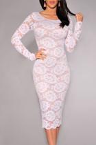 Oasap White Floral Lace Nude Illusion Long Sleeves Midi Dress