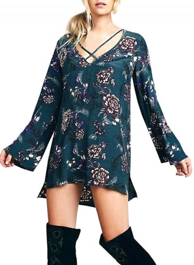 Oasap Women's Vintage Long Sleeve Floral Print Mini Shift Dress