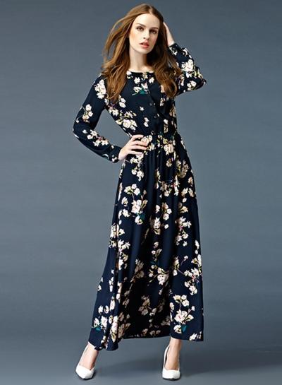 Oasap Fashion Floral Print Elastic Waist Maxi Dress