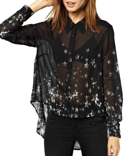 Oasap Women's Casual High Low Button Down Chiffon Shirt