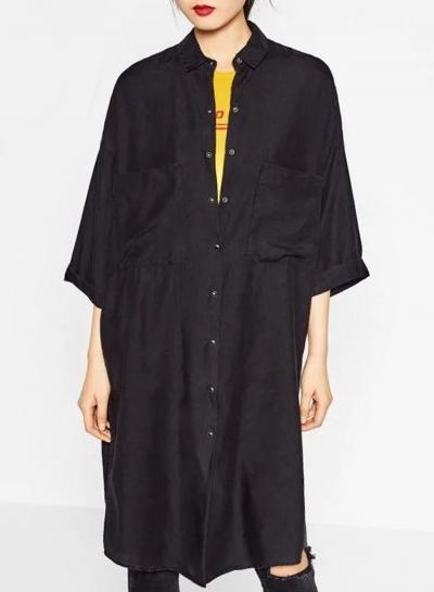 Oasap Single Breasted Simple Loose Solid Dress With Cargo Pockets
