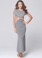 Oasap Fashion Cut Out Waist Maxi Striped Dress