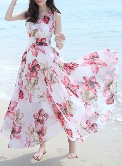 Oasap Floral Print V Neck Sleeveless Chiffon Maxi Dress