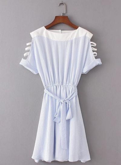 Oasap Off Shoulder Striped Mini Dress With Belt