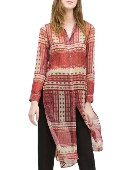 Oasap Women's Vintage Print Side Slit Stand Collar Blouse