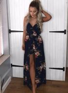 Oasap Fashion Splicing Floral Printed Spaghetti Strap V Neck High Waist Jumpsuit