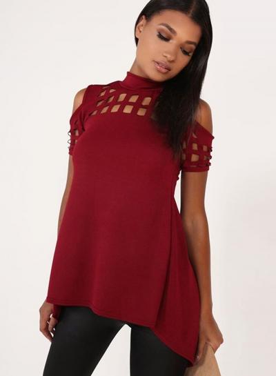 Oasap Off Shoulder Short Sleeve Back Slit Irregular Tee
