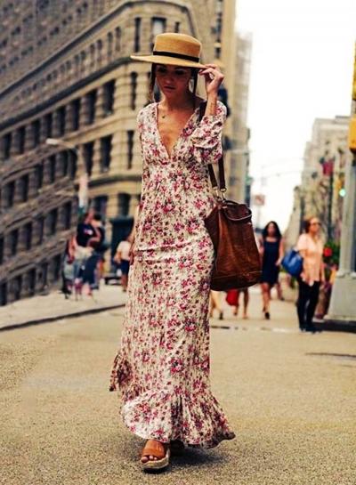 Oasap Deep V Neck Long Sleeve Maxi Floral Ruffle Dress
