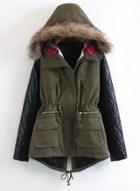 Oasap Fashion Color Block Parka Coat With Faux Fur Trim Hood