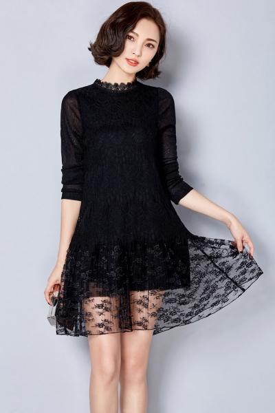 Oasap Elegant Lace Paneled Keyhole Back Long Sleeve Dress