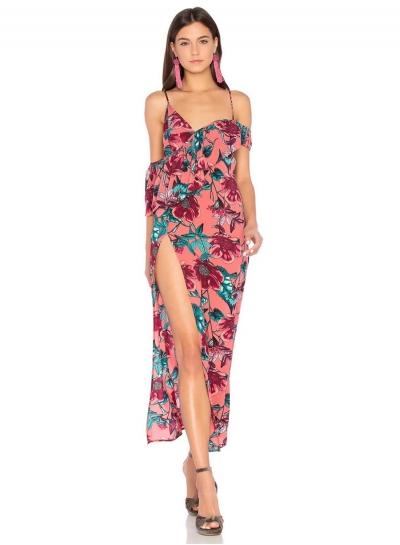 Oasap Spaghetti Strap Ruffle High Slit Maxi Floral Dress