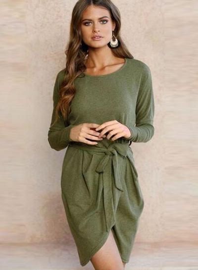 Oasap Round Neck Long Sleeve Asymmetric Dresses