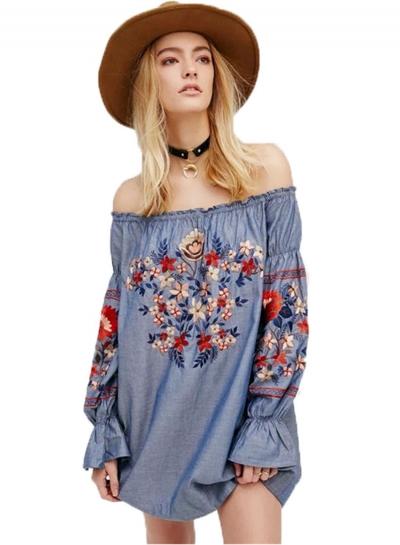 Oasap Slash Neck Floral Embroidery Denim Mini Dress