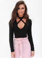 Oasap V Neck Cross Front Long Sleeve Cropped Tee