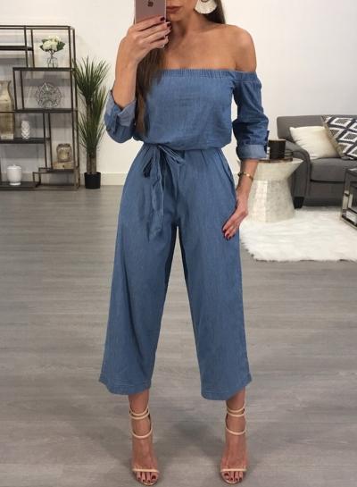 Oasap Slash Neck Long Sleeve Denim Jumpsuit