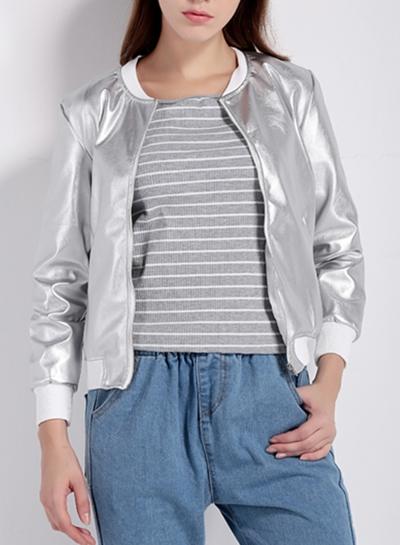 Oasap Women's Metallic Band Collar Bomber Jacket