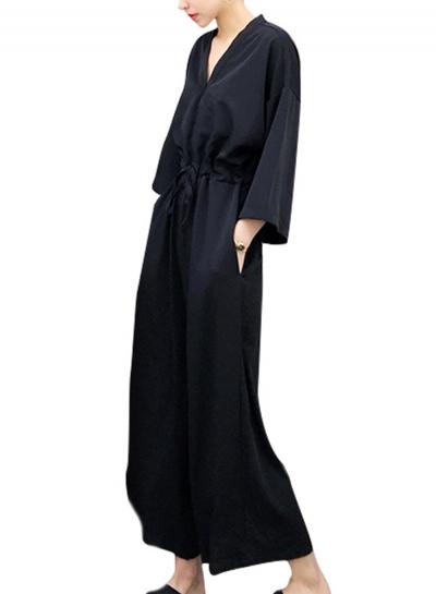 Oasap V Neck 3/4 Sleeve Loose Fit Wide Leg Jumpsuit