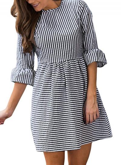 Oasap Half Sleeve Black White Striped Bubble Round Neck Midi Dress