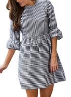 Oasap Half Sleeve Black White Striped Bubble Round Neck Midi Dress