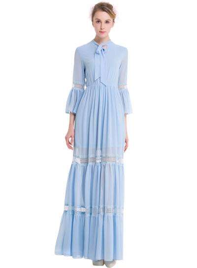 Oasap Self Tie Collar 3/4 Sleeve Maxi Chiffon Dress