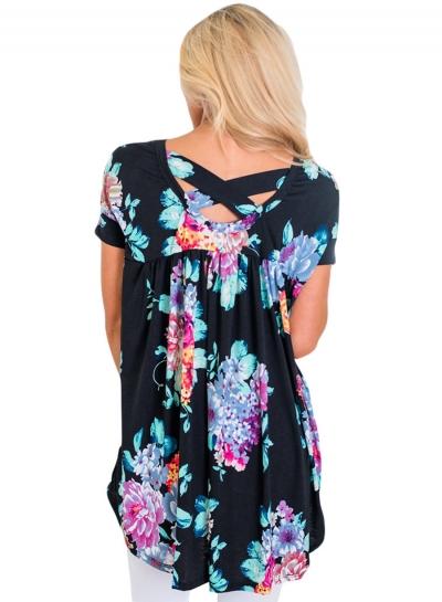 Oasap Black Floral Print Criss Cross Back Tee Shirt