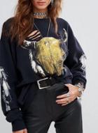 Oasap Fashion Tauren Printed Sequins Ripped Pullover Sweatshirt