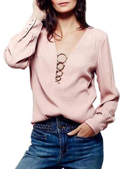Oasap Women's Fashion Solid Deep V Neck Long Sleeve Pullover Blouse