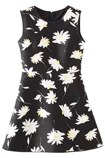 Oasap Essential Graphic Floral A-line Black Dress